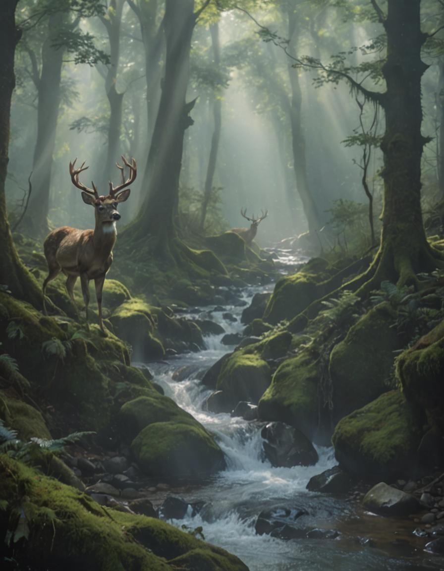Majestic Deer in Sunlit Forest, Ethereal Fantasy Art