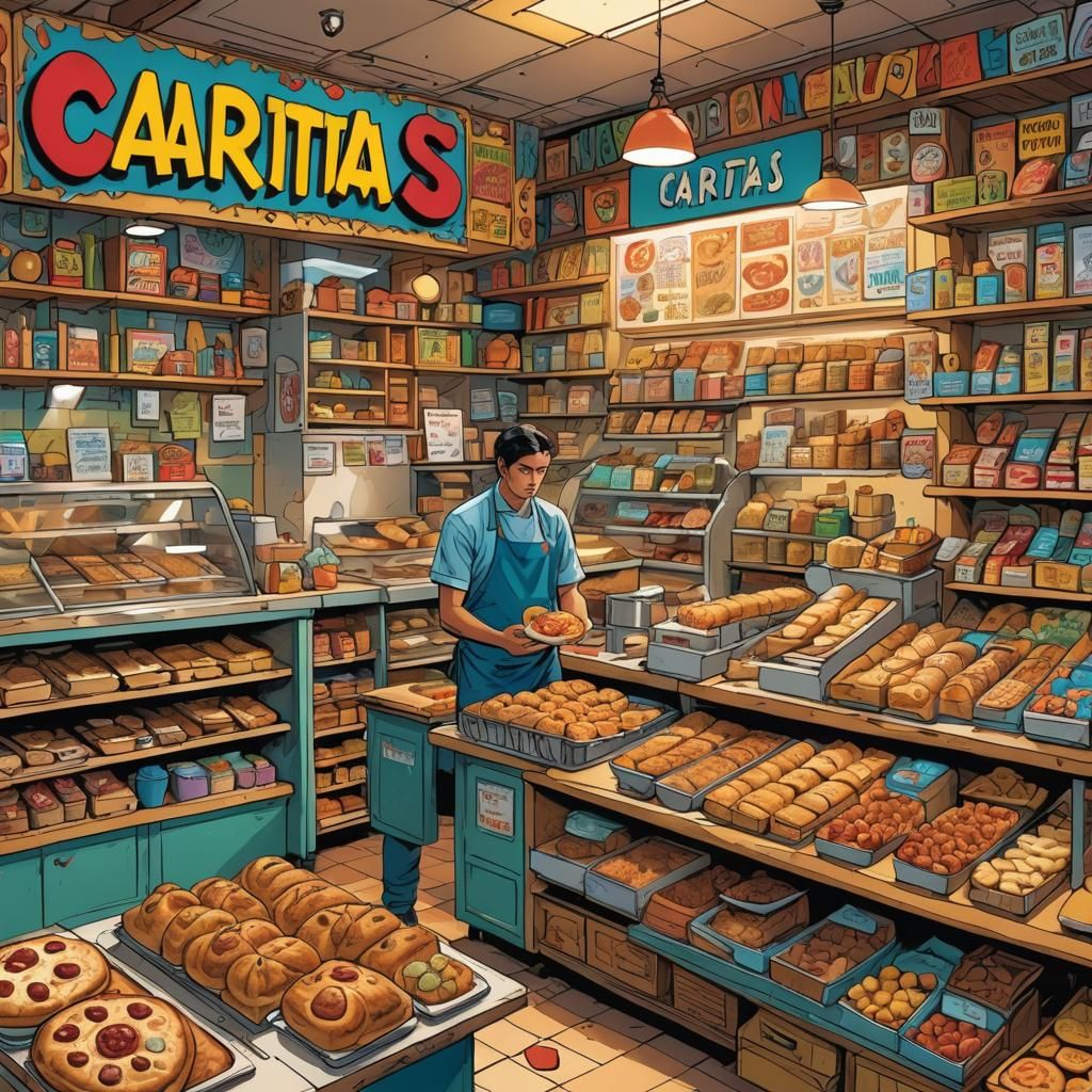 Colorful Panaderia Filled with Muñequitos in Comic Book Art