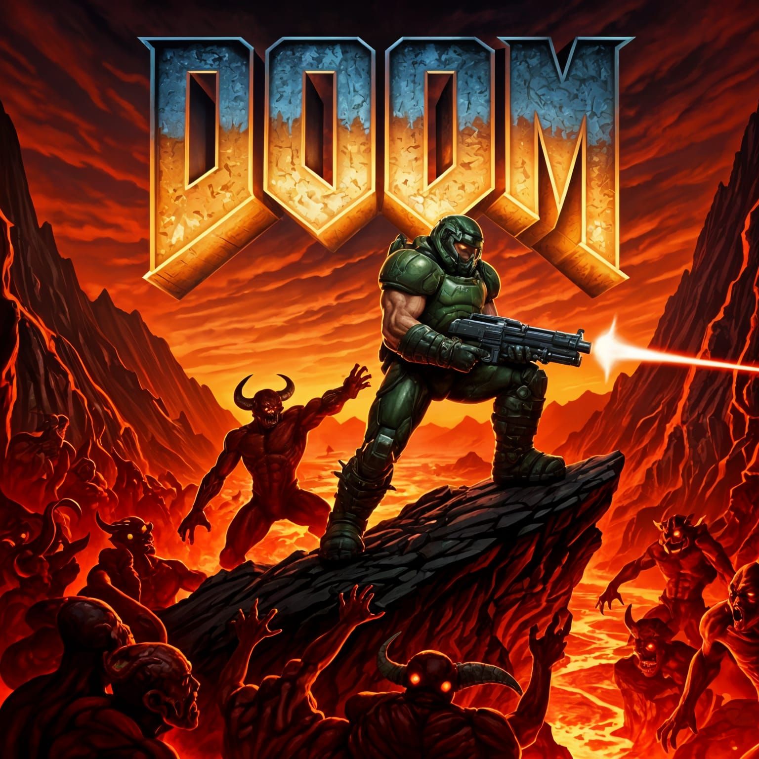 DOOM Cover Art: Space Marine in Volcanic Hellscape