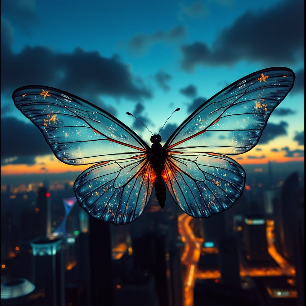 Surreal City Butterfly at Dusk in Cinematic Style