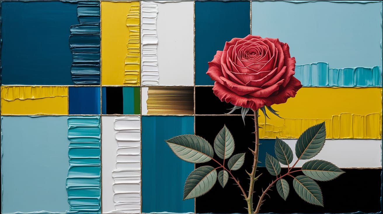 Vibrant Impasto Rose Blooms Amidst Geometric Abstraction
