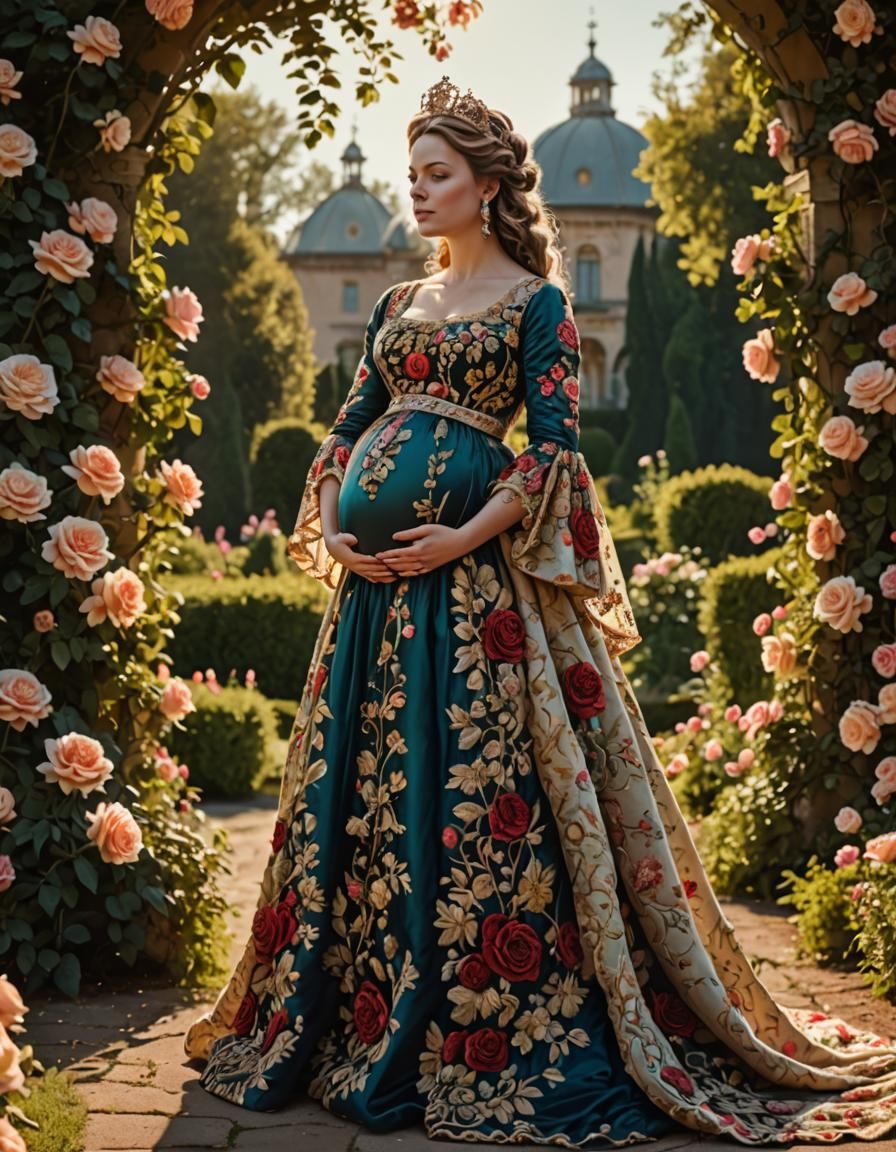 Pregnant Queen in Rose Garden: Rococo Baroque Style