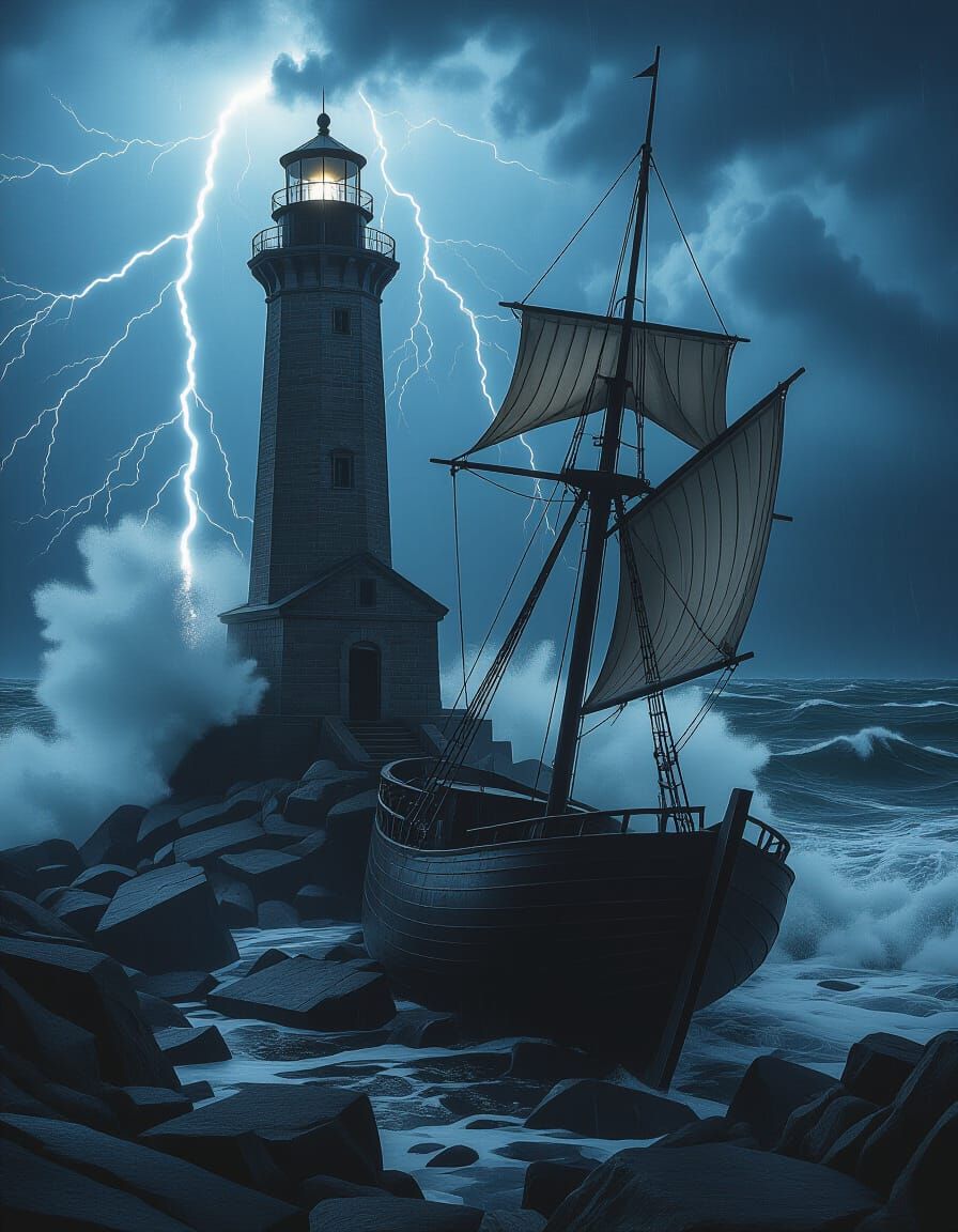 Lighthouse in Stormy Seas: A Cinematic Seascape