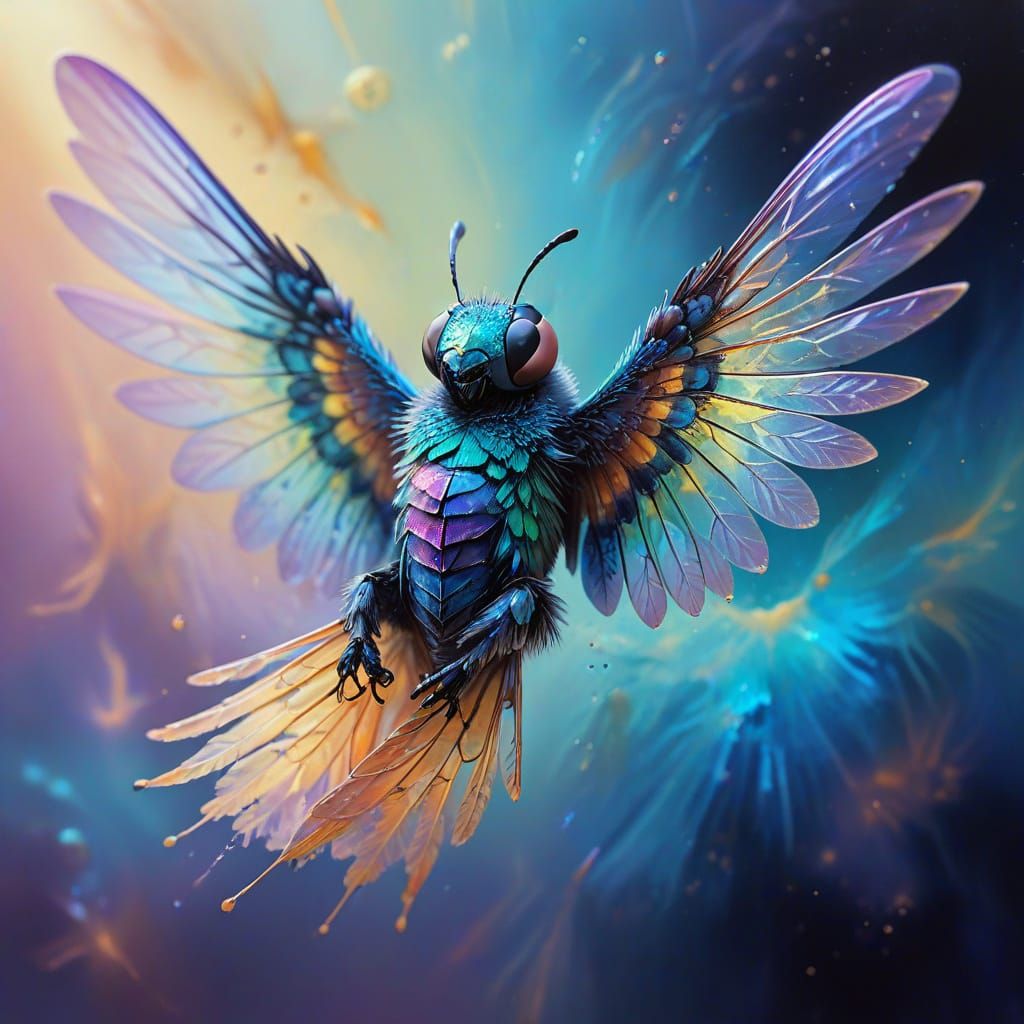 Surreal Iridescent Bumblebee in Flight: Oil Painting