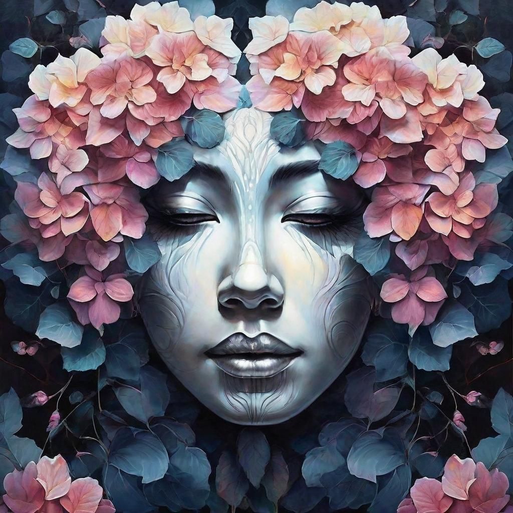 Hydrangea Face: Neon Techno Mixed Media Concept Art