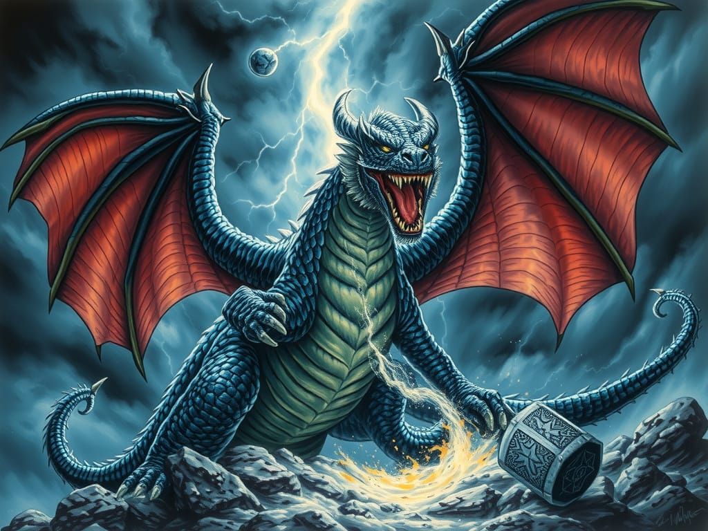 Mighty Dragon Wields Thor's Hammer in Epic Stormy Skies
