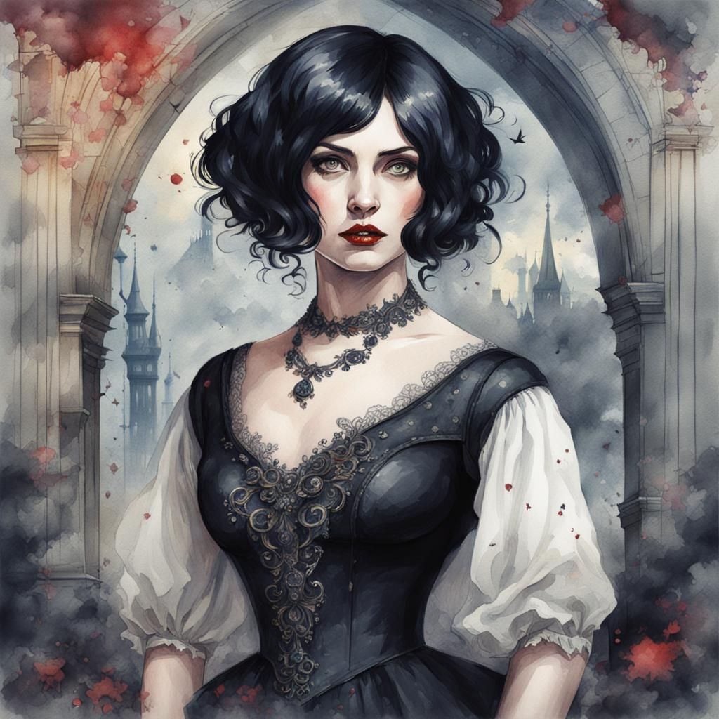 Gothic Vampire Woman in Classical Watercolor Illustration