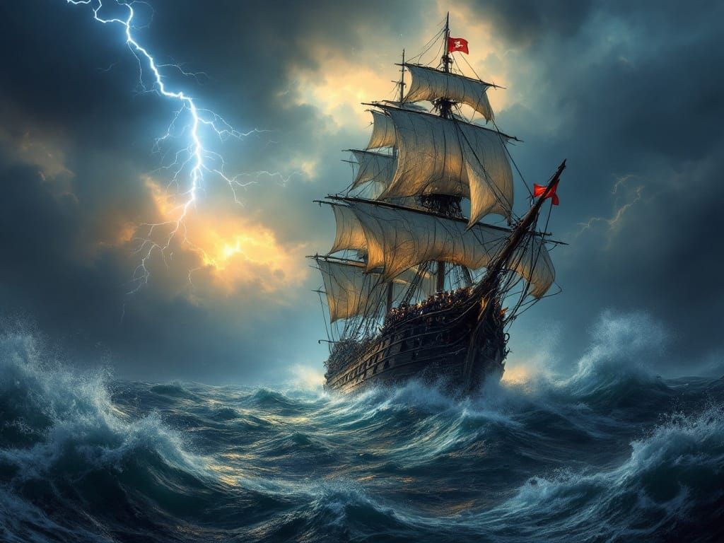 Majestic Galleon Battles Stormy Seas in Cinematic Pirate Sty...
