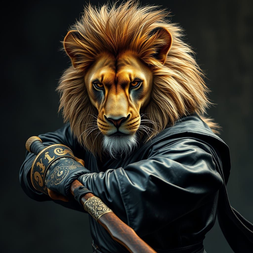Majestic Lion in Iridescent Ninja Gear, Frozen in a Powerful...