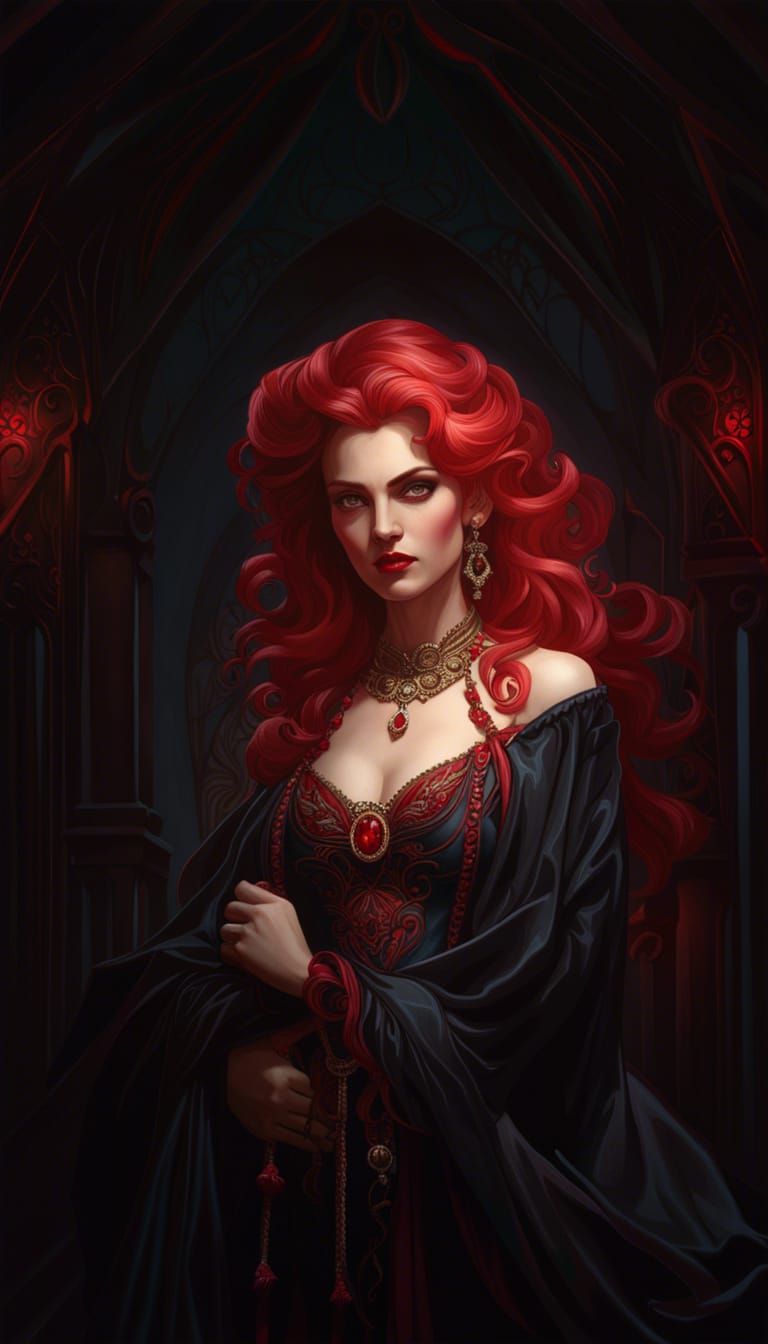 Vampire Woman Portrait with Lace and Ruby Background