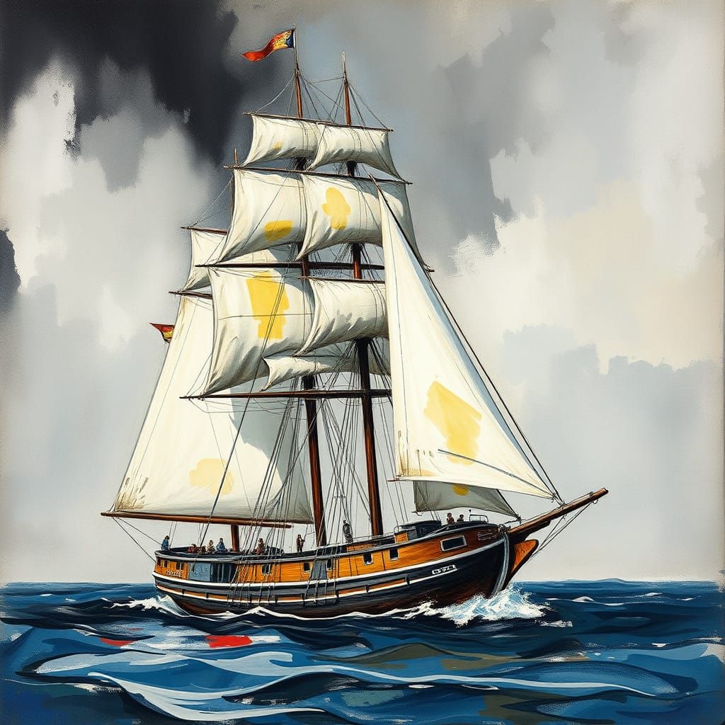 Sailing Vessel in Charcoal and Watercolor Gouache Style
