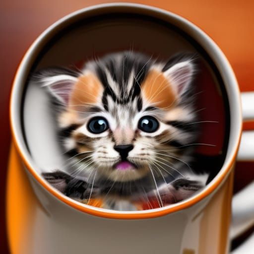Fluffy Kitten's Mug Adventure: Cute Digital Art