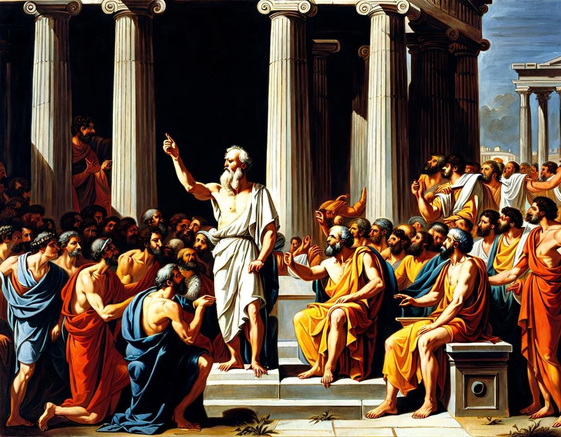 Socrates Speaking to a Crowd in Ancient Greece