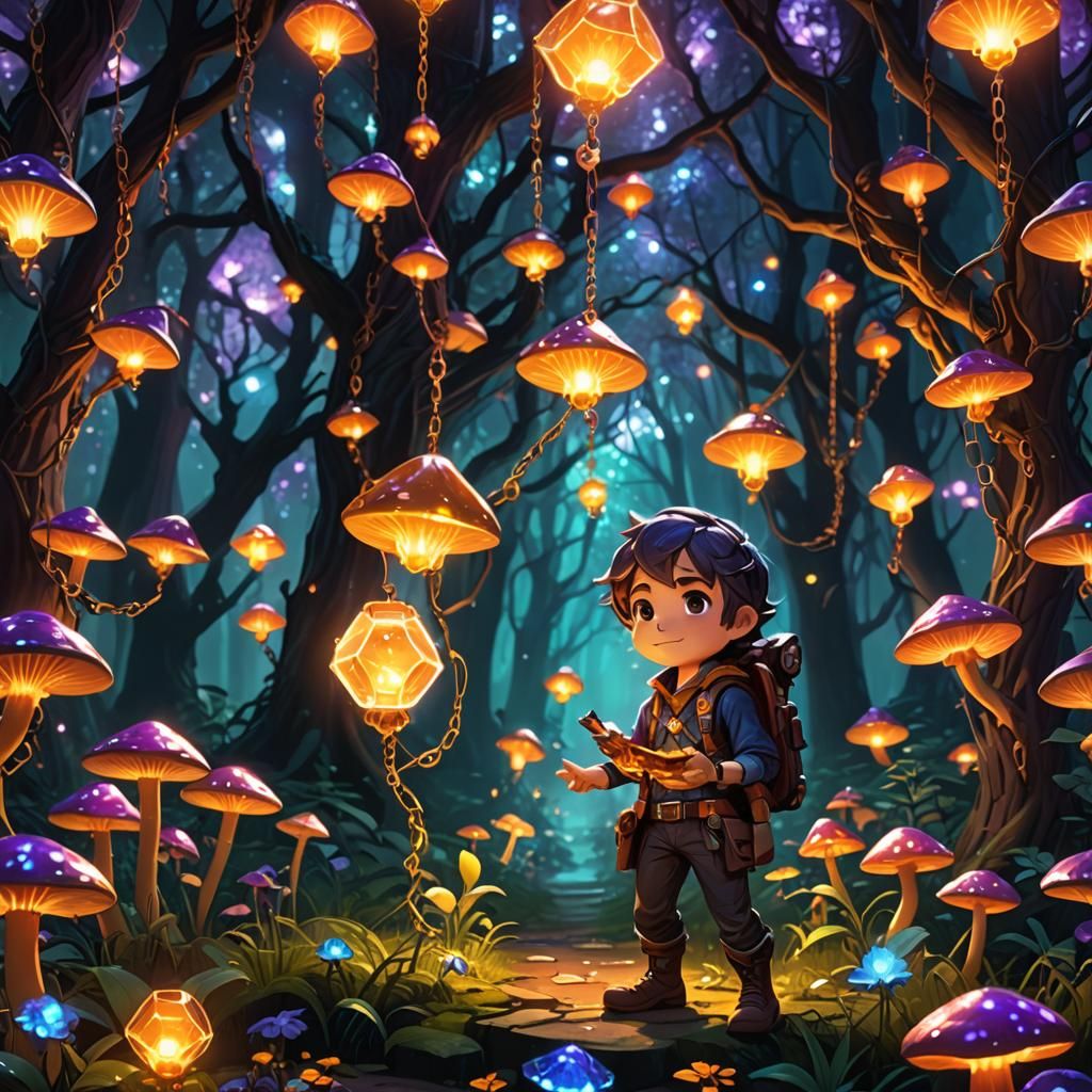 Chibi Man Holding Crypto in Enchanted Forest