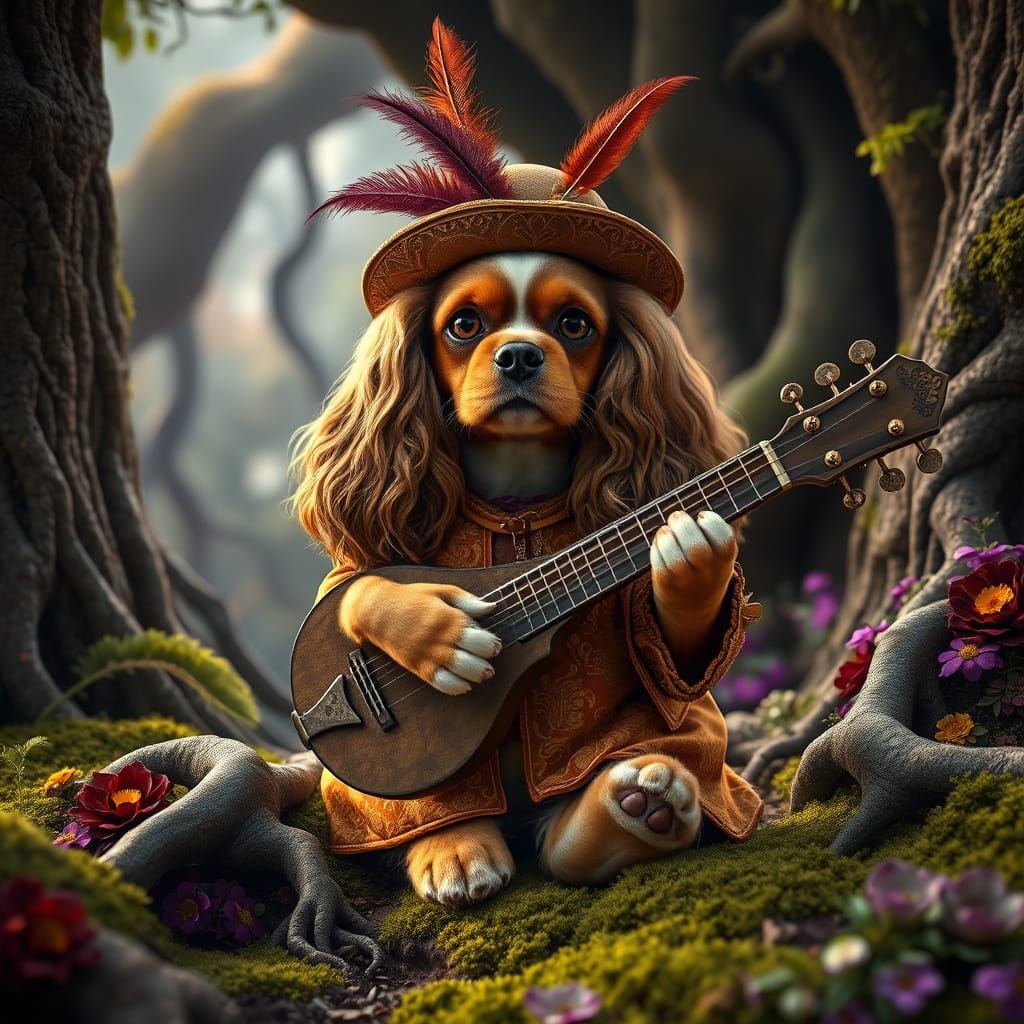 A Cavalier King Charles Spaniel, adorned in a regal gold and...