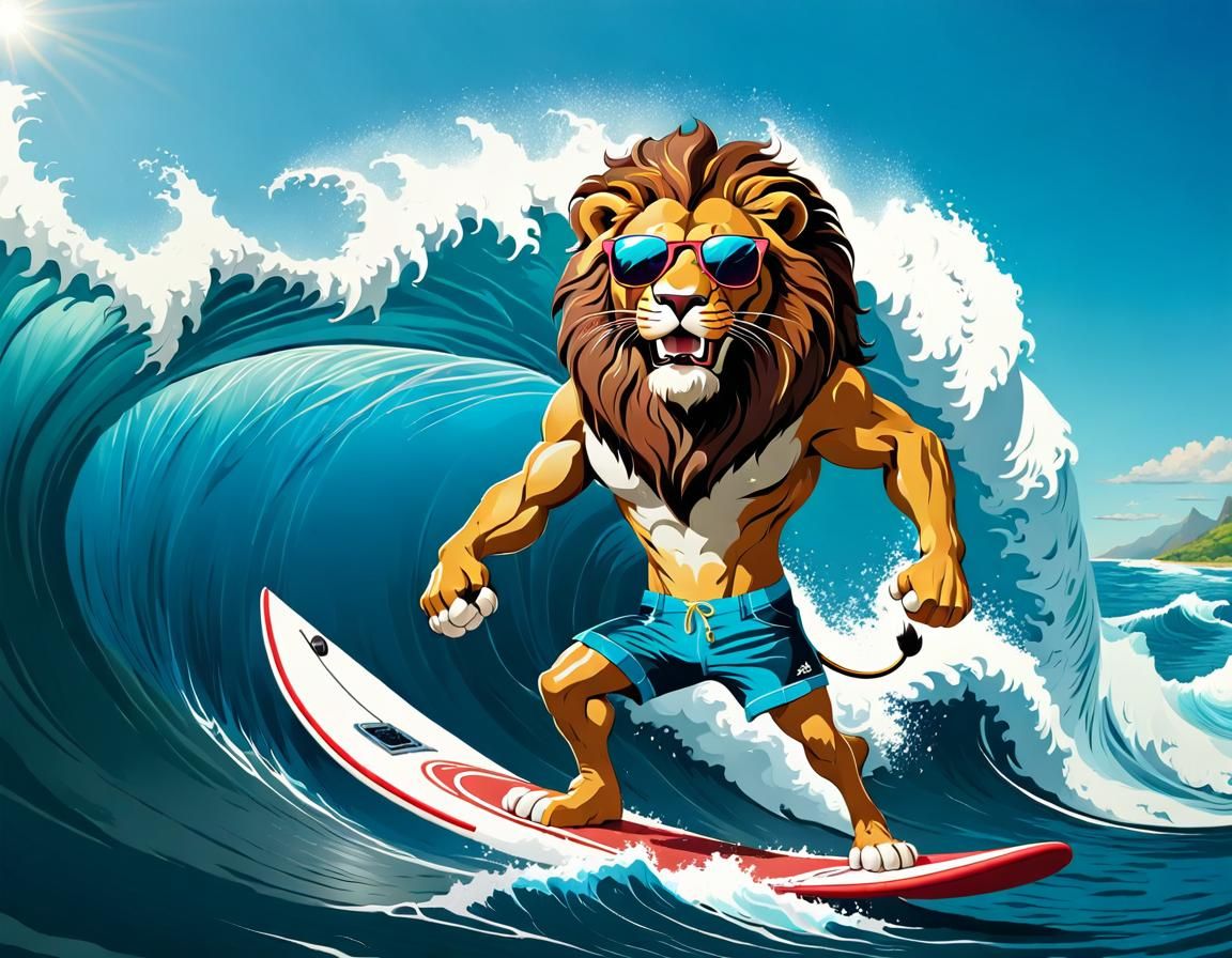 Cartoon Lion Surfing a Wave on Sunny Day