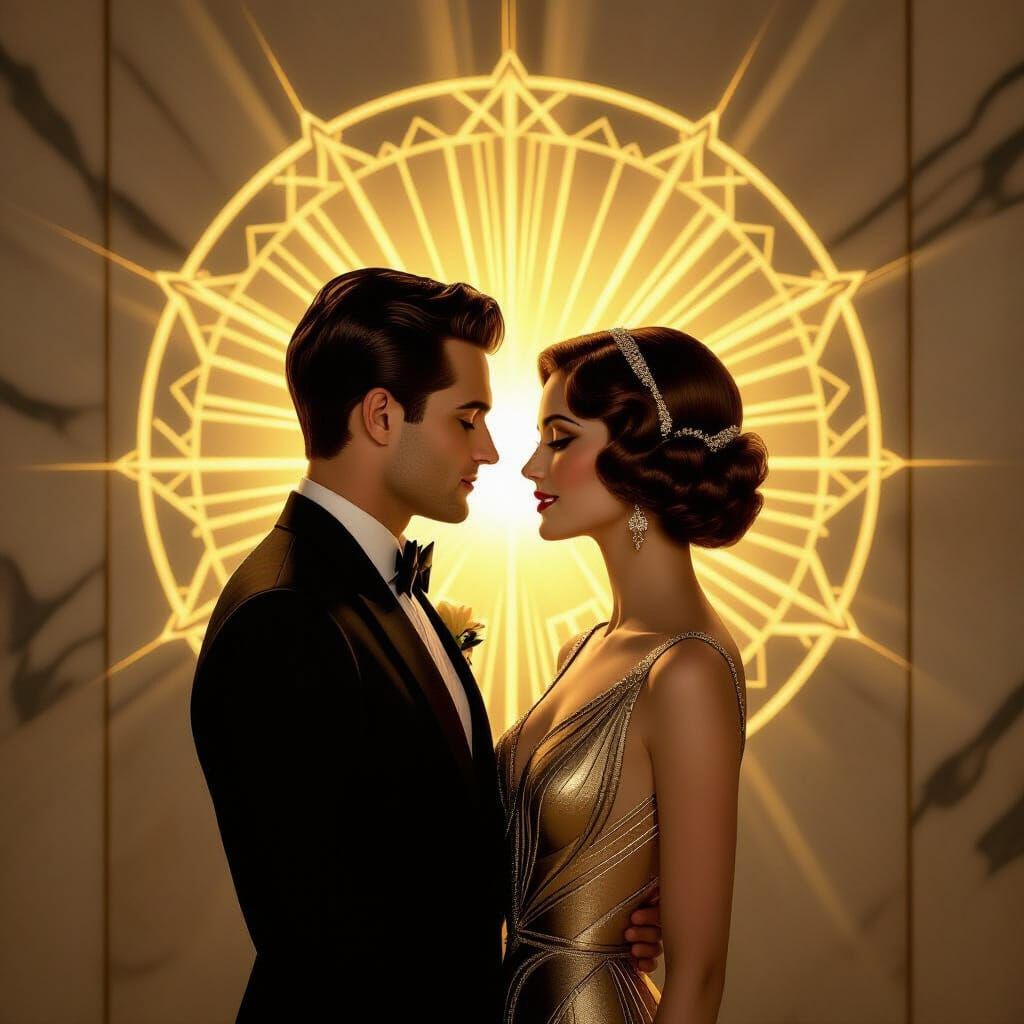 Art Deco Lovers Under Radiant Geometric Halo
