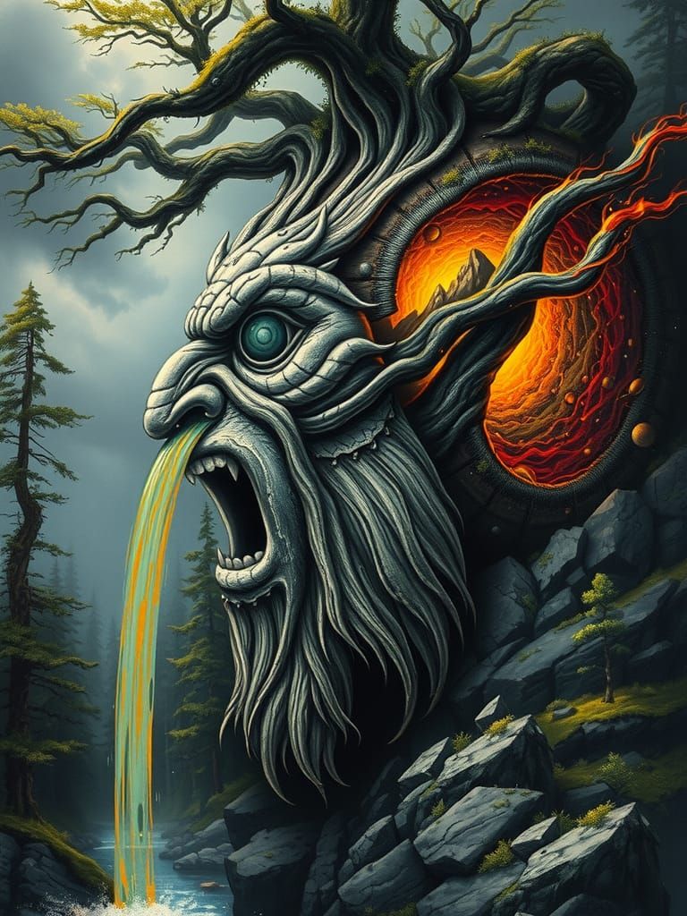 Surreal Ancient Giant Mimir and the Tree of Life