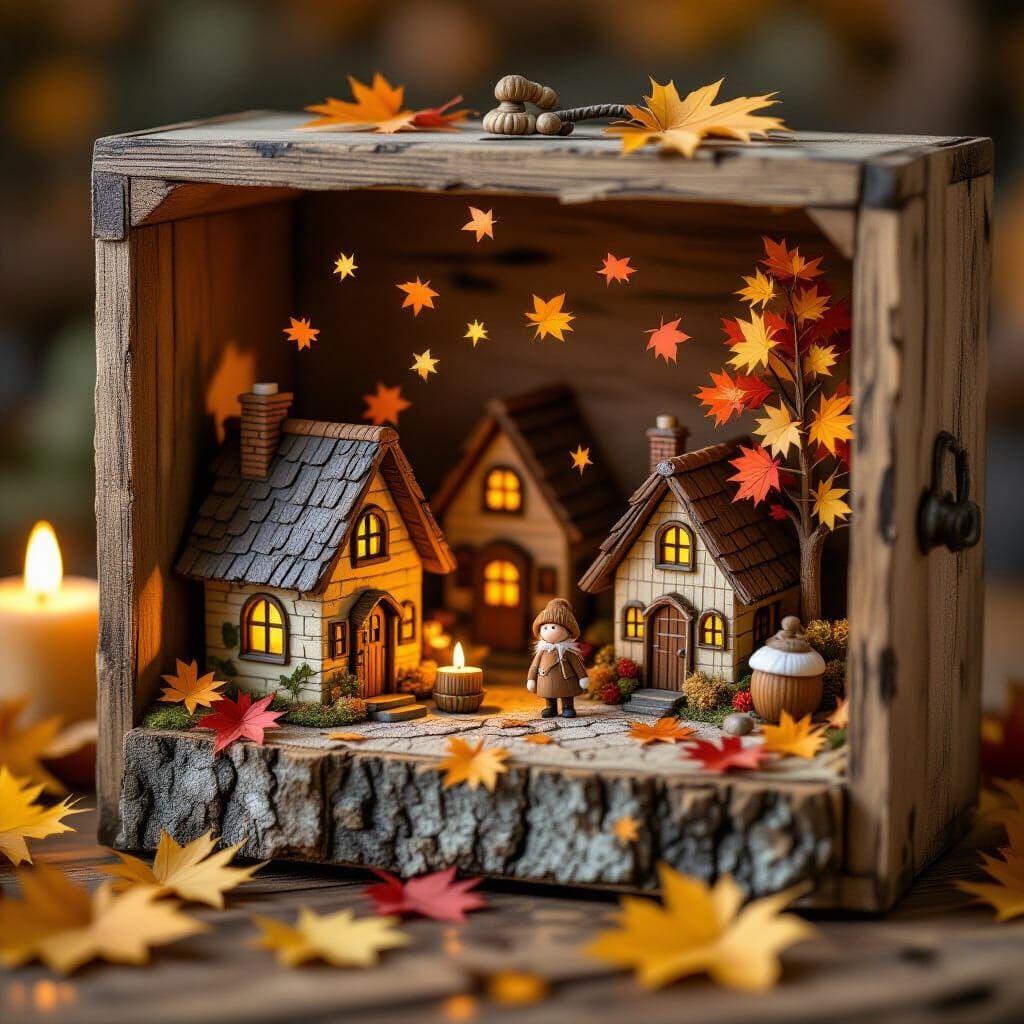 Miniature Autumn Village Diorama in Candlelight