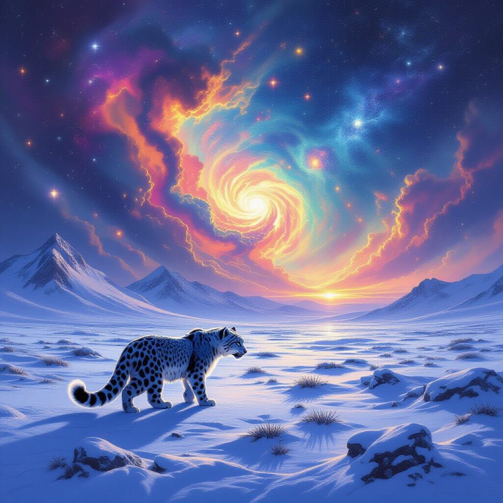 Snow Leopard on Tundra Under Cosmic Sky
