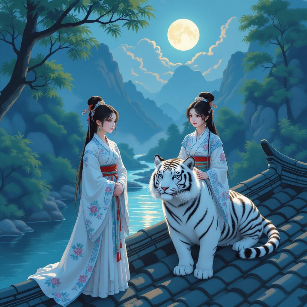 Hanfu Girl and White Tiger by Moonlit River