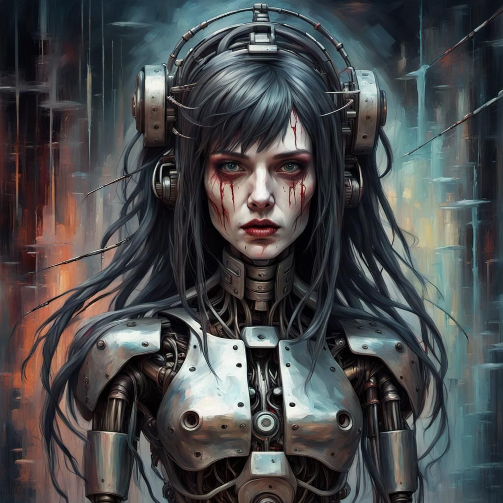 Grotesque Robot Woman Portrait in Gothic Impressionist Style