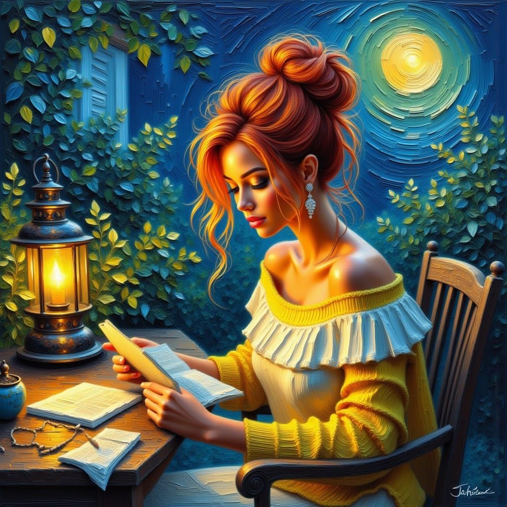 Woman Reading by Candlelight in Moonlit Garden, Impasto Styl...