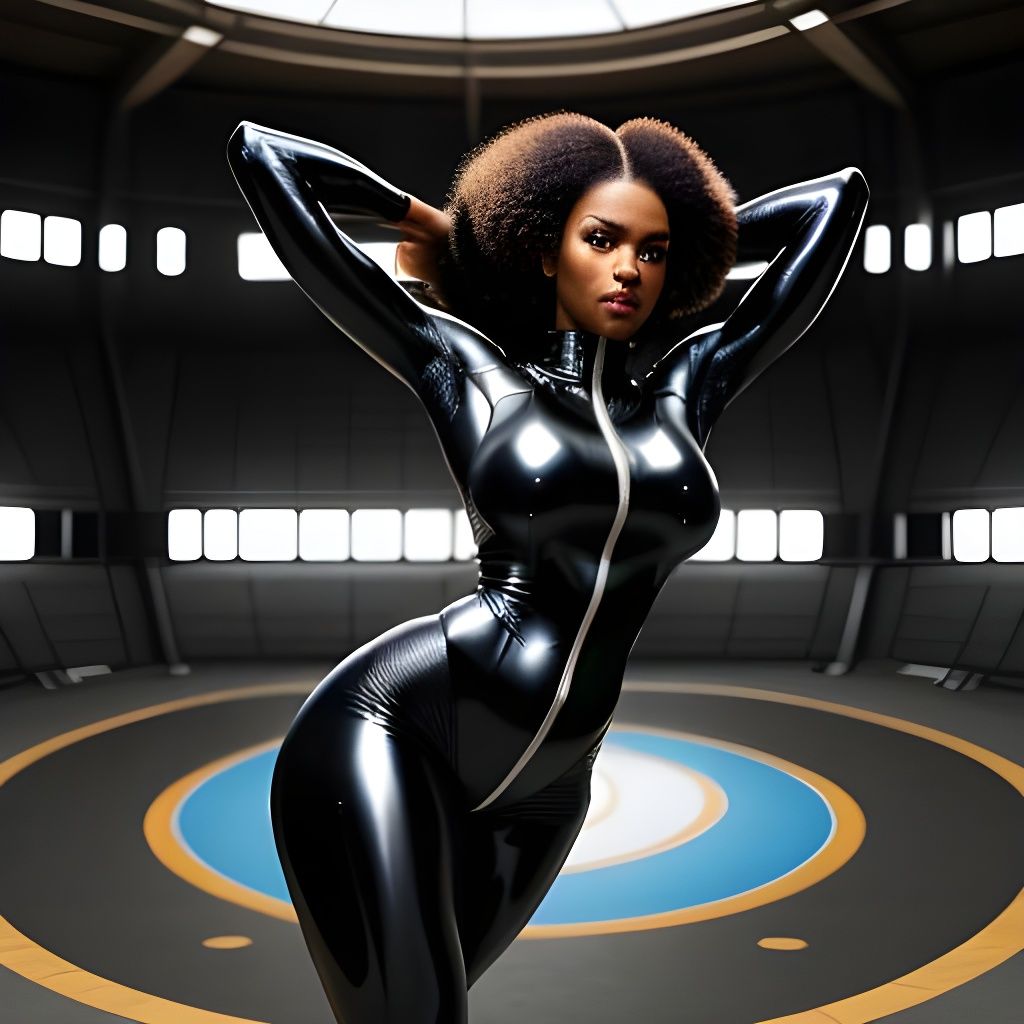 Muscular Woman Flexing in Latex Bodysuit: HDR Photo