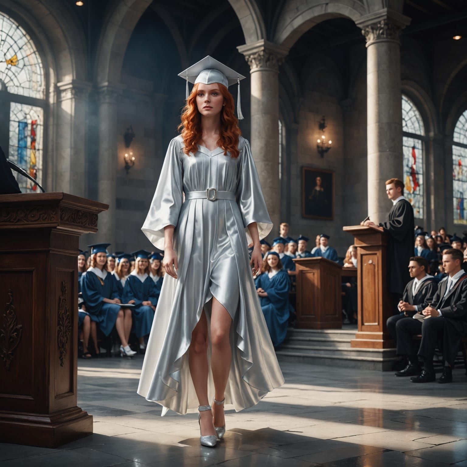 High School Graduate in Silver Gown