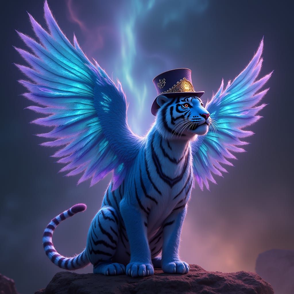 Majestic Blue Tiger with Iridescent Peacock Wings in Dark Fa...