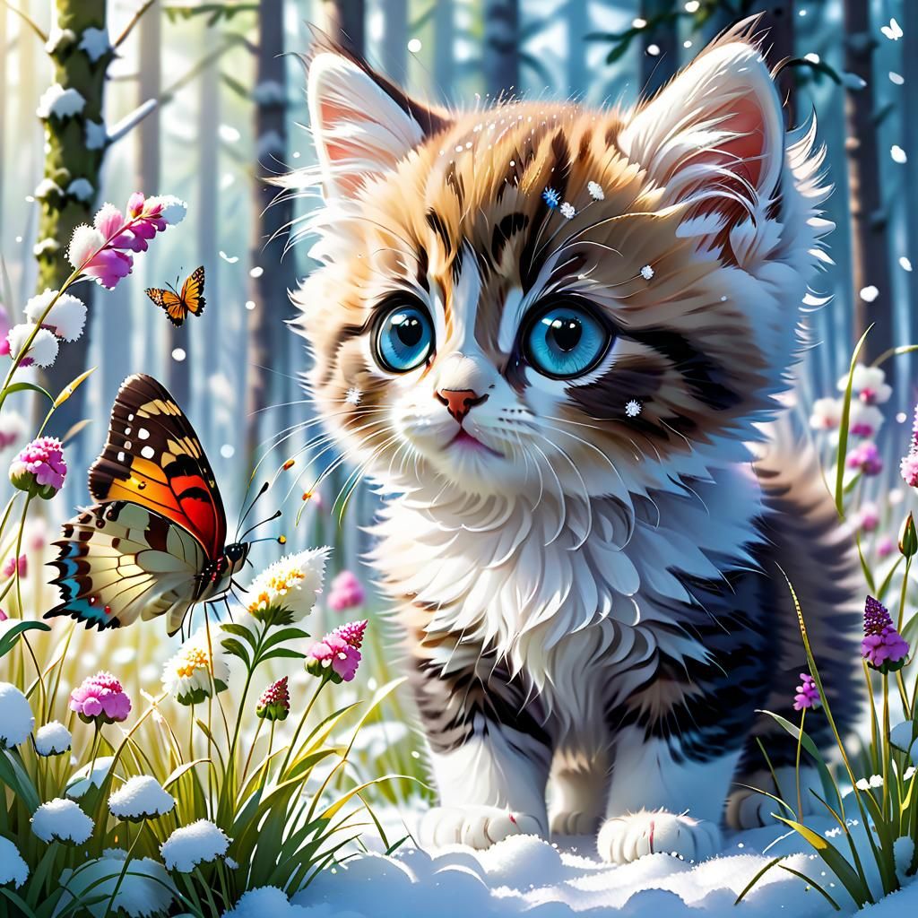 Kitten and Butterfly in Snowy Forest