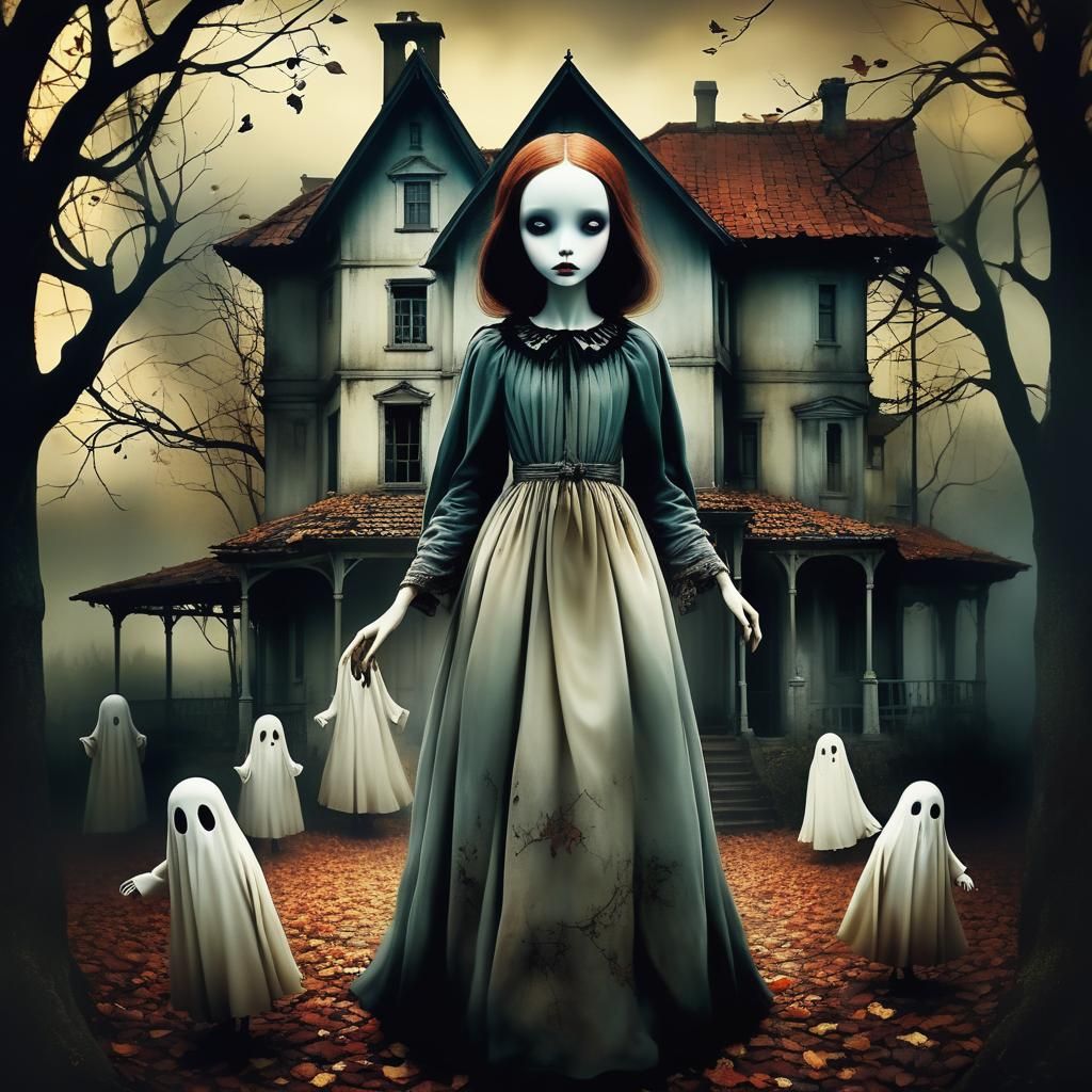 Woman Seeks Ghost in Autumnal Dark Fantasy Style