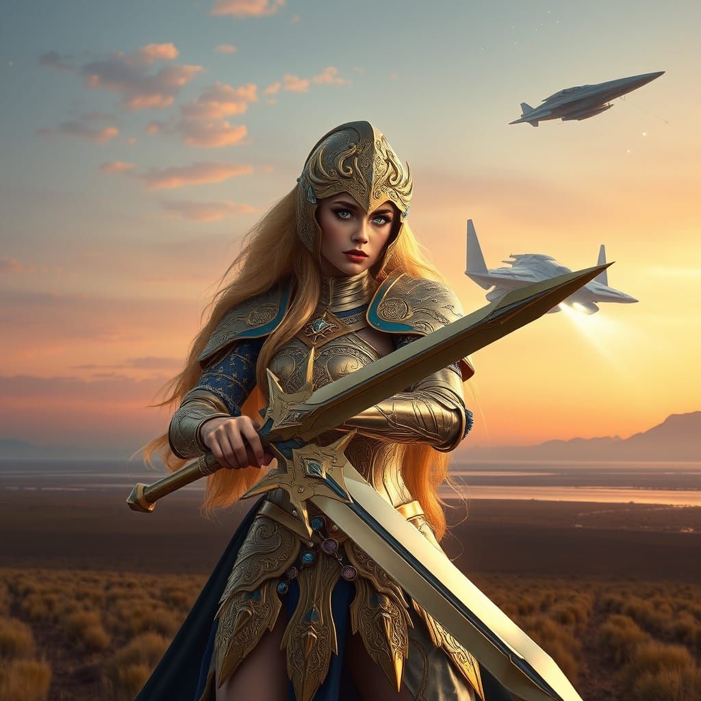 Ethereal Golden Knight in Majestic Armor, Refracting Twiligh...