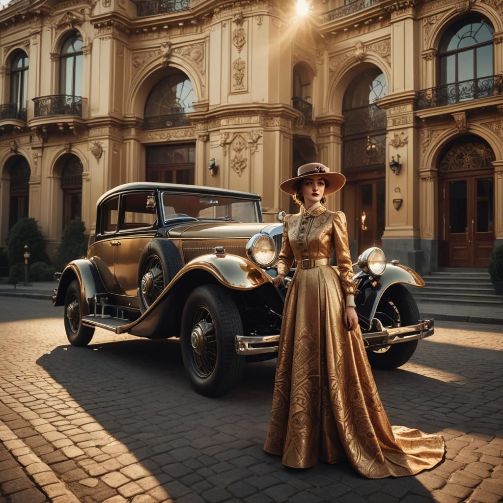 Victorian Woman and 1935 Mercedes in Art Deco Style