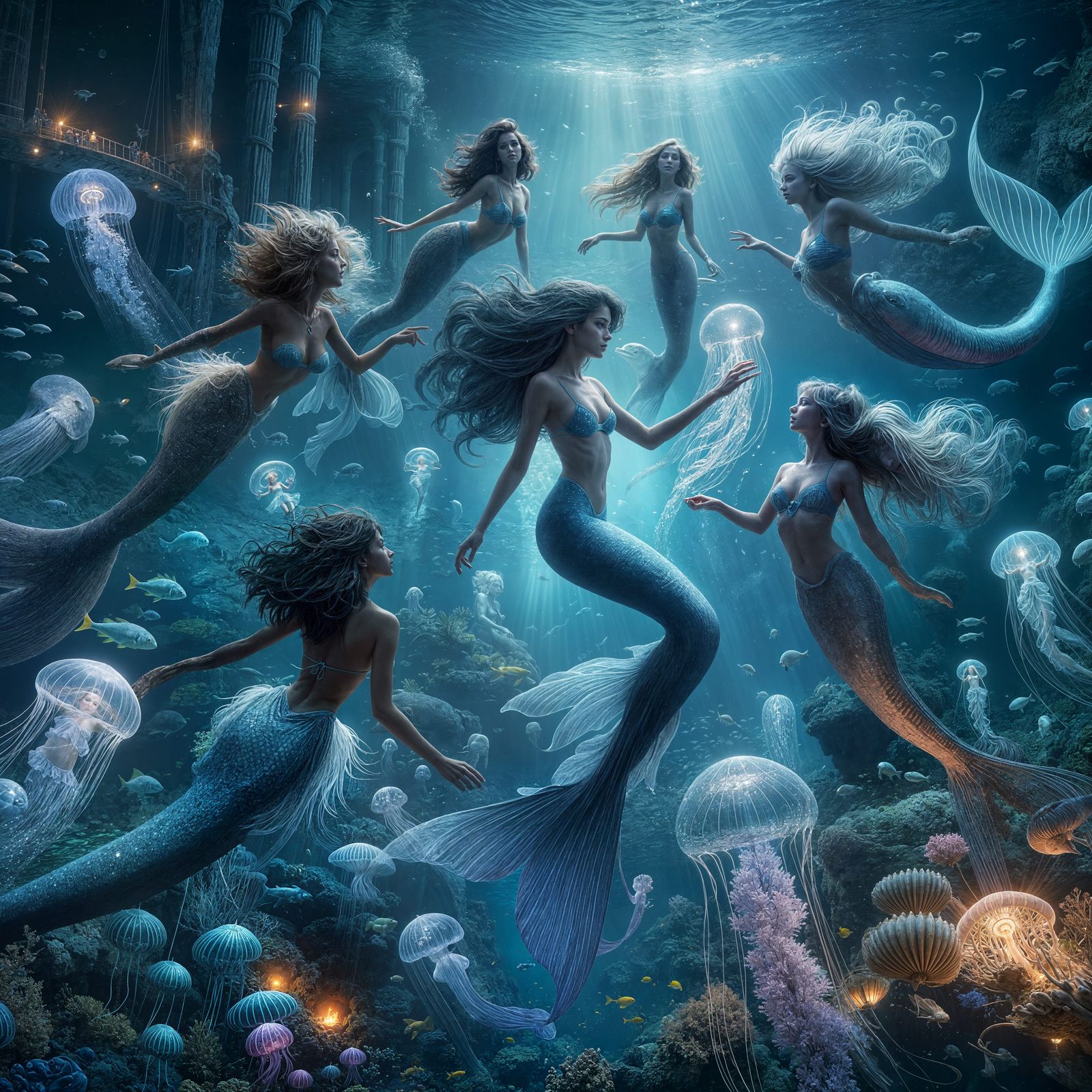 Mermaids Amidst Bioluminescent Jellyfish in an Underwater Ci...
