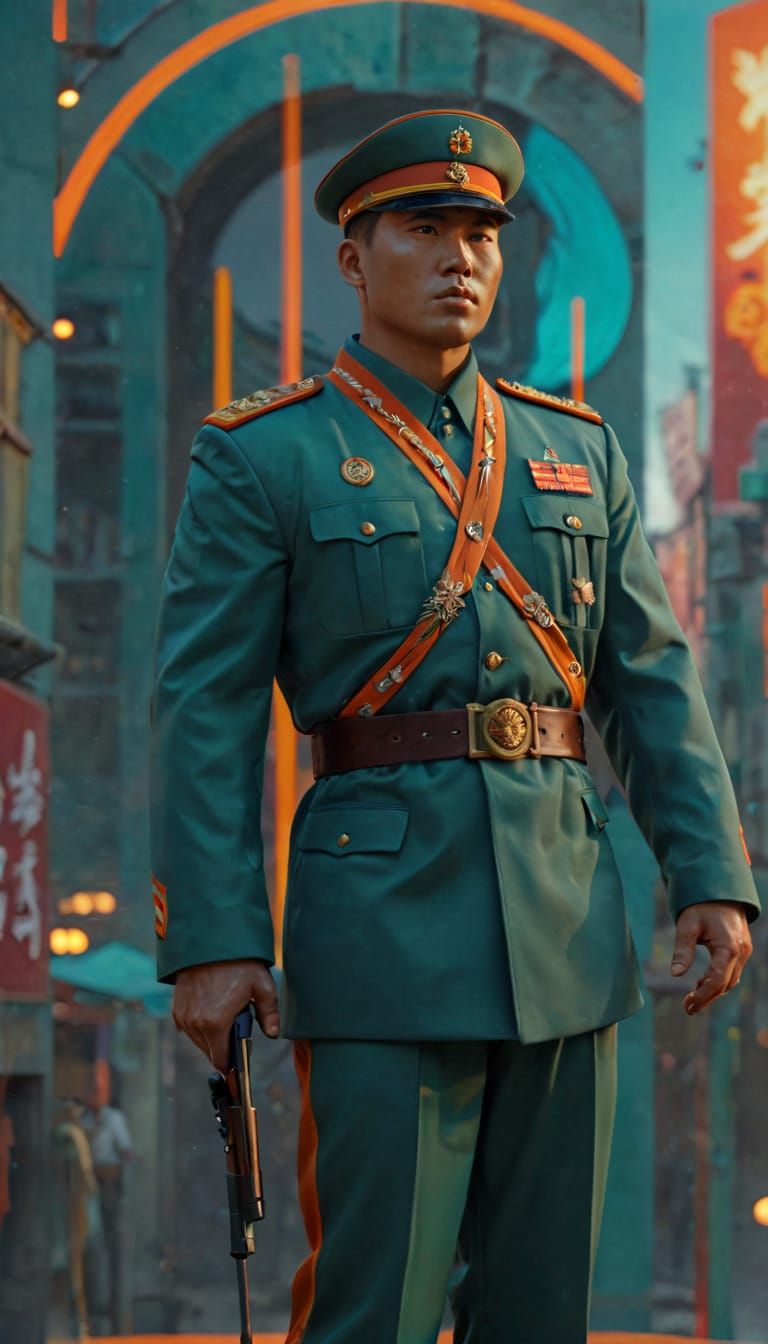Anime-Style North Korean Soldier in Vibrant Cityscape