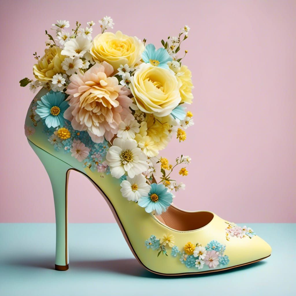 Pastel Floral Bouquet Inside Yellow High Heel Shoe
