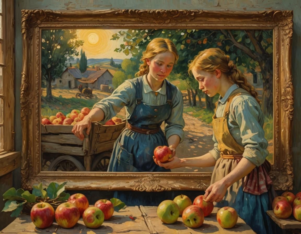 Peasant Girl Shares Apples: An Impressionist Oil Painting