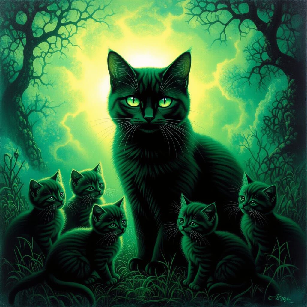 Mystical Green Cat and Kittens in Surreal Style