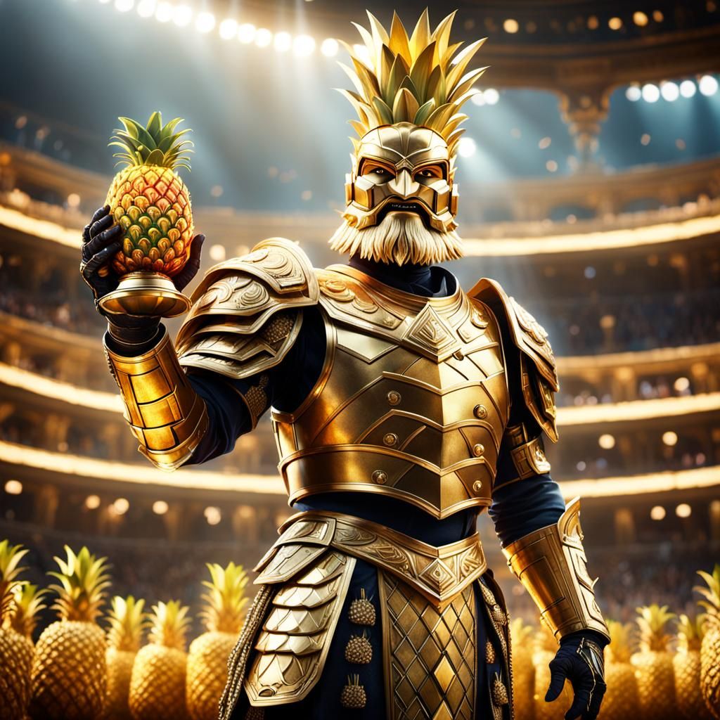 Triumphant Champion with Pineapple Trophy in Opulent Arena