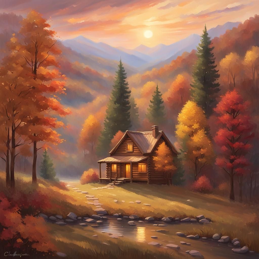 Cabin in the smokey mountains. Autumn. Brilliant sunset. Ray...