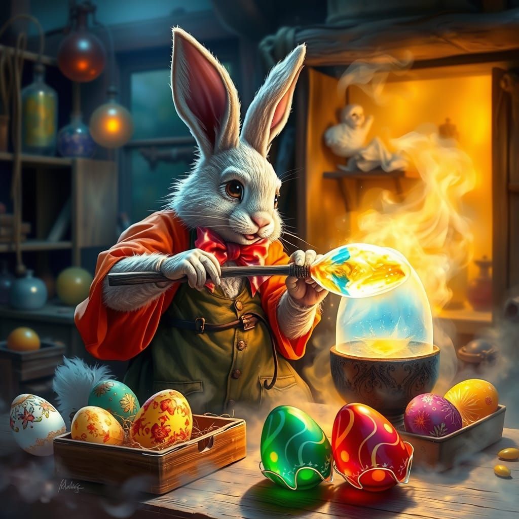 Ethereal Easter Bunny Glass Blower in a Whimsical Workshop