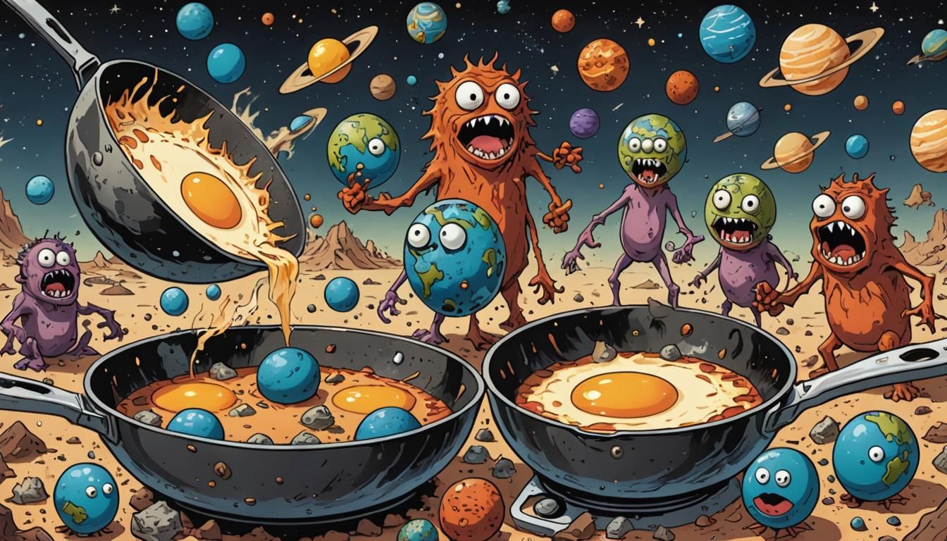 Humorous Monster Cracking Planets into Frying Pan
