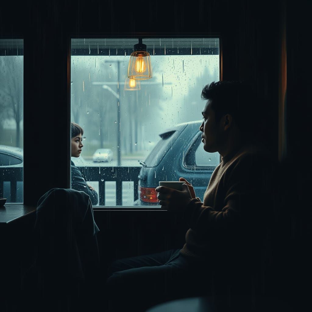 Rainy Day Coffee Shop Encounter in Noir Style