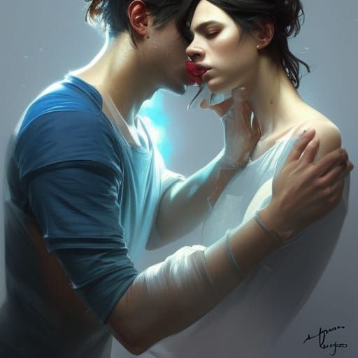 Two Men Embracing: Hyperdetailed Digital Portrait