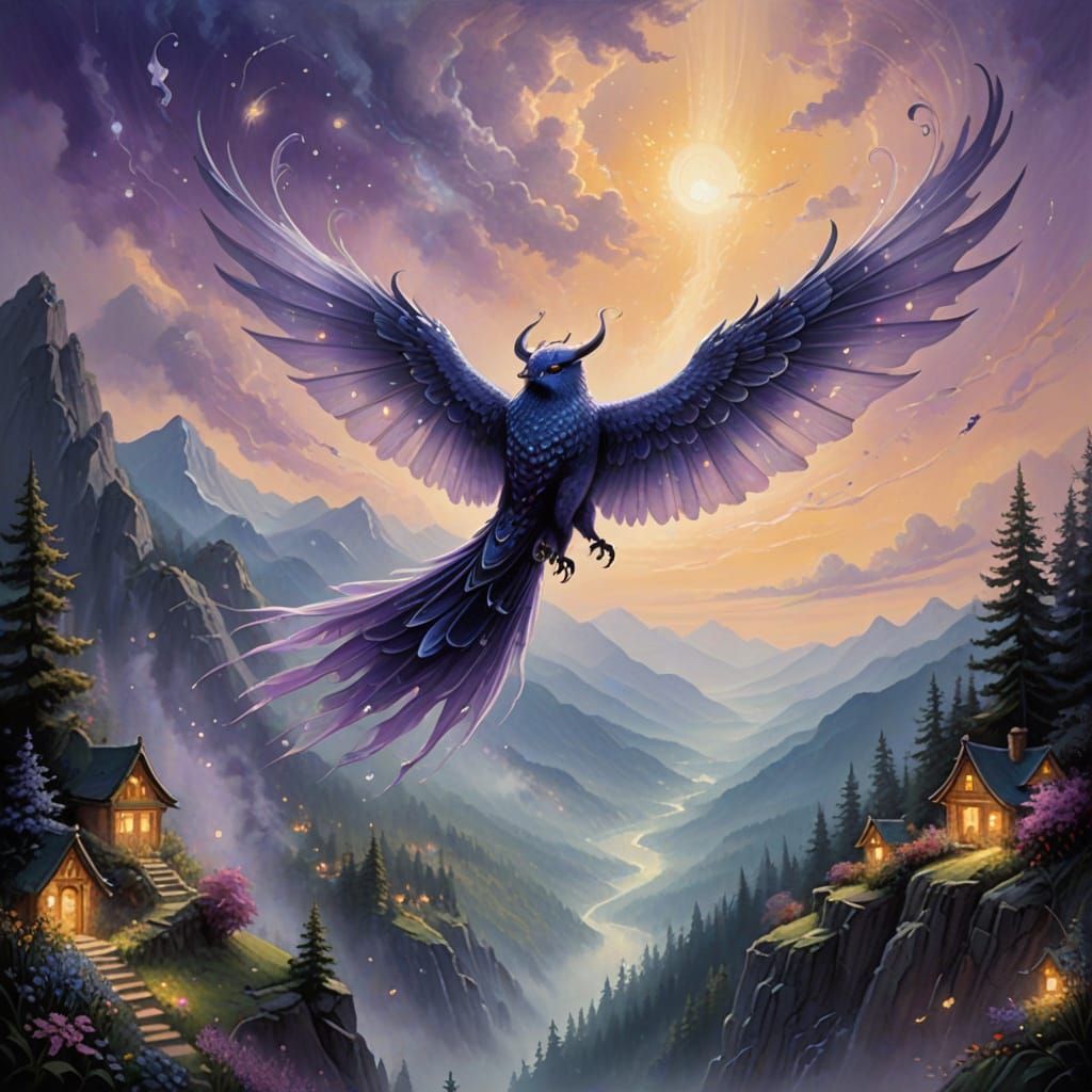 Whimsical Fantasy Scene with a Flying Purple People Eater