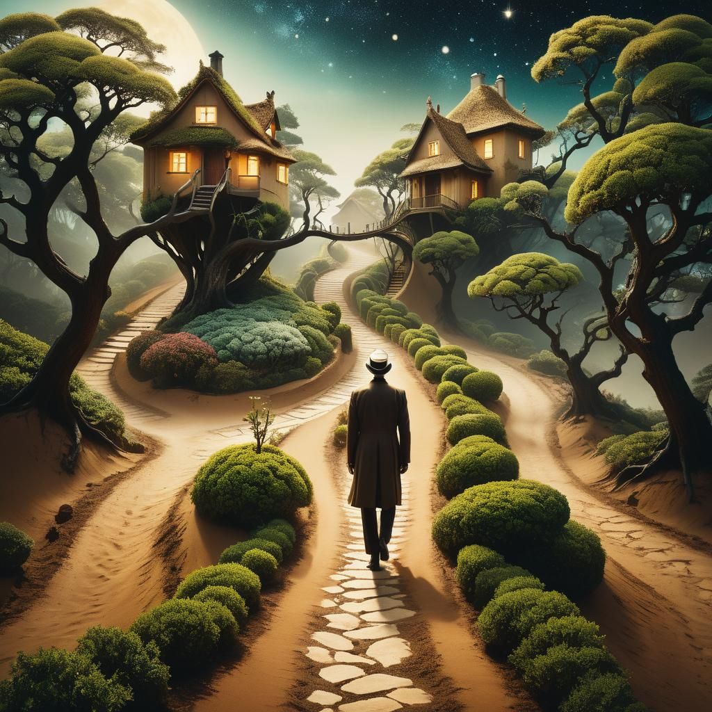 Surreal Garden Path in Drama Mask: Oil on Canvas