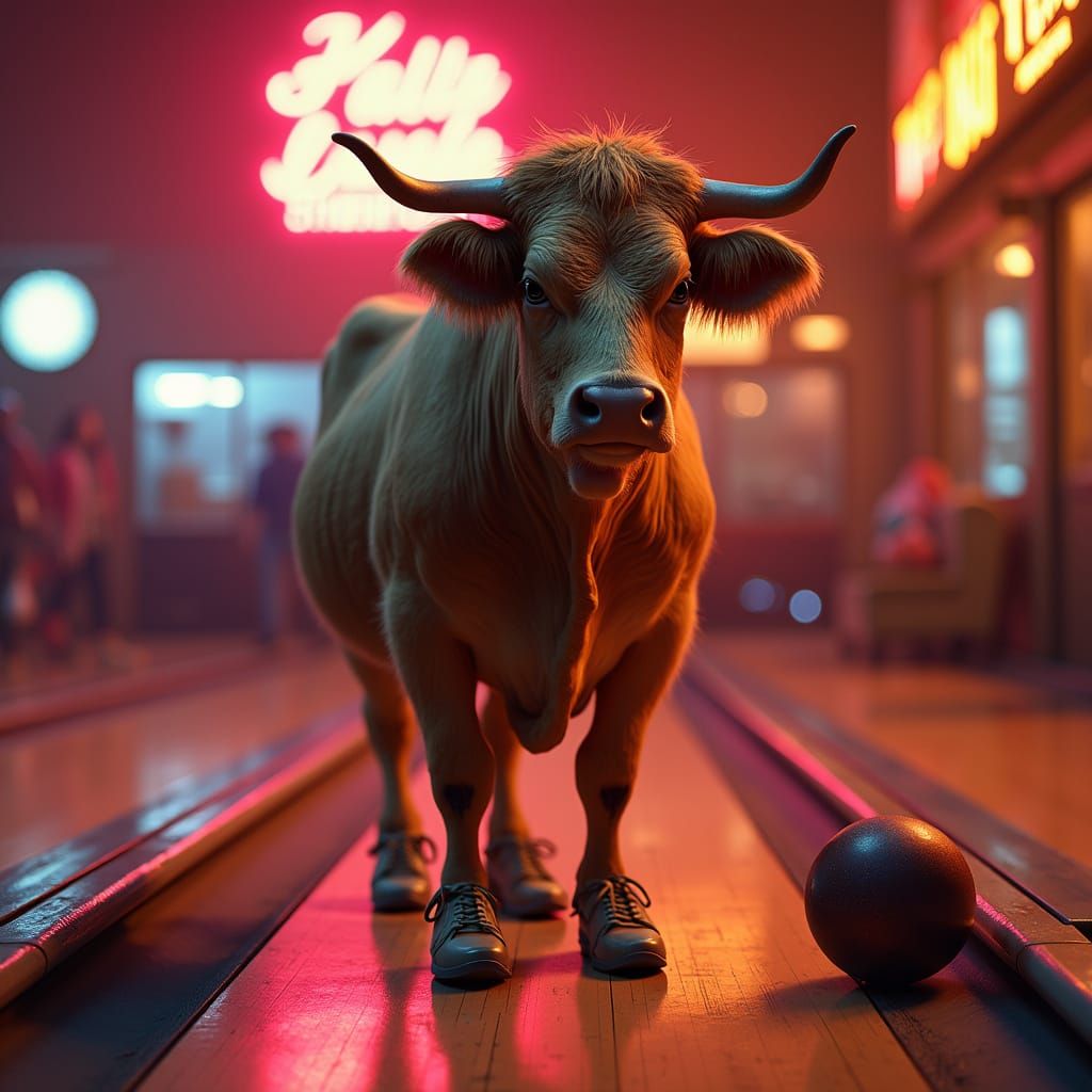Bovine Bowler in Bonfire-Lit Neon Bowling Alley