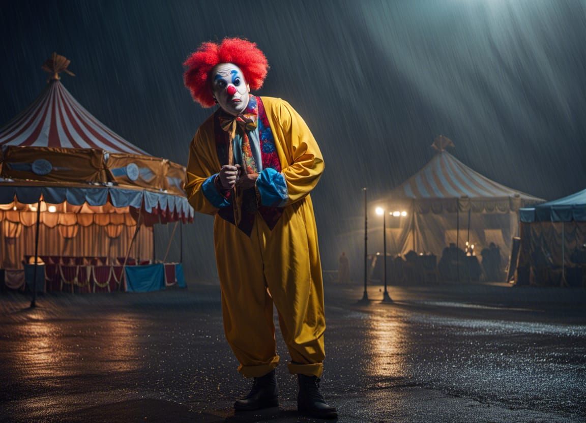 A sad clown outside the circus tent, rainy night