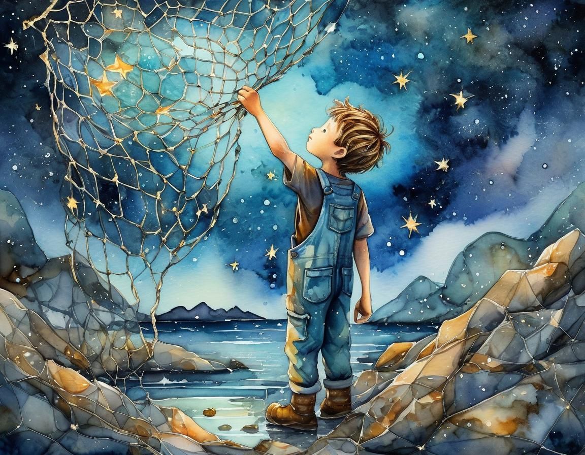 Boy Collects Stars: Watercolor and Alcohol Ink Art